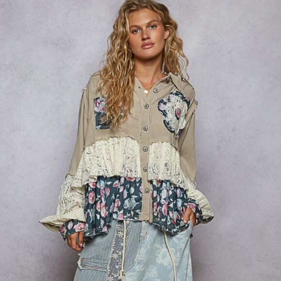 POL Boho Hippie Jacket – Double Gauze & Lace A-Line Top with Floral Ruffle - Picture 3 of 7